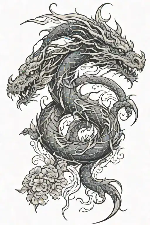 Dragon With Violets And Lightning Striking Blackwork