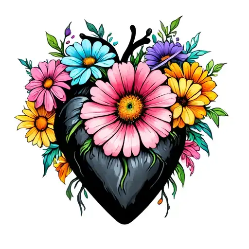 Colorful Flowers Growing Out Of A Black Heart