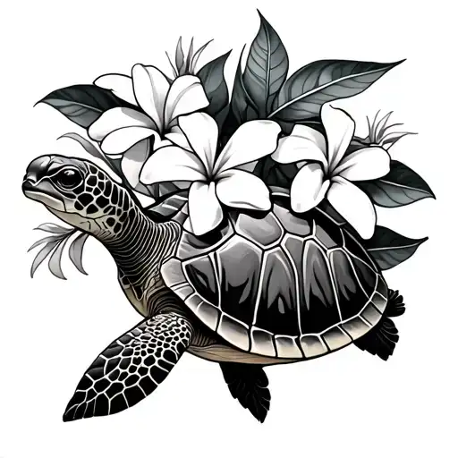 Hawaiian Sea Turtle With Plumeria