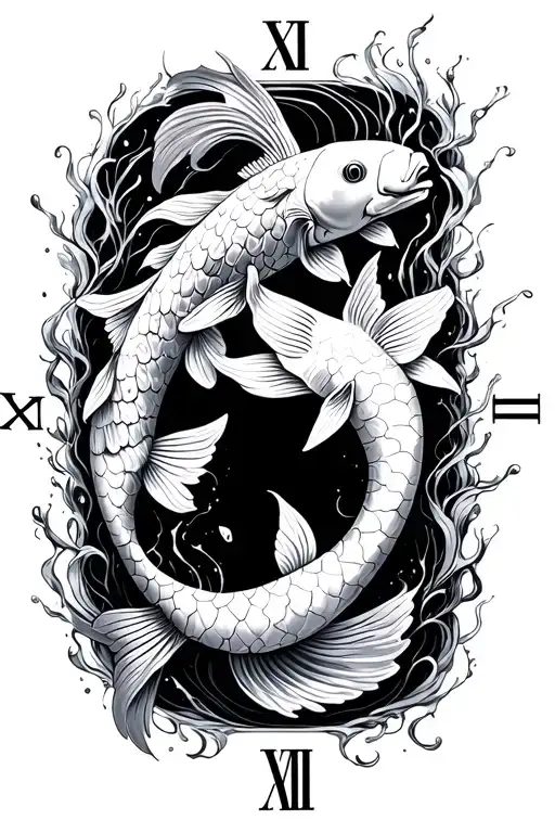 Koi Fish Swimming Around Roman Numerals