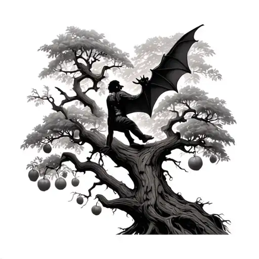 Man On Limb Of Spooky Tree With Fruit Bat