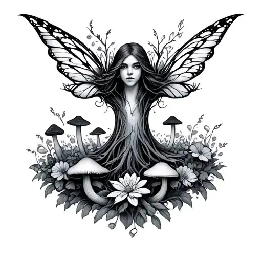 Fairy Witch Mushrooms Flowers Surrounding Tree Of Knowledge