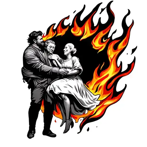 Fire Flames With A Man Carrying Old Lady