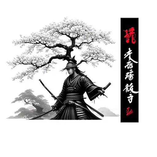 Cherry Blossom Tree And Samurai