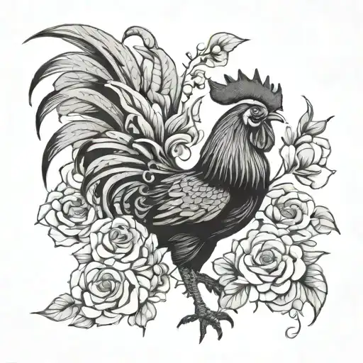 Flowers Around A Rooster With A Flared Tail