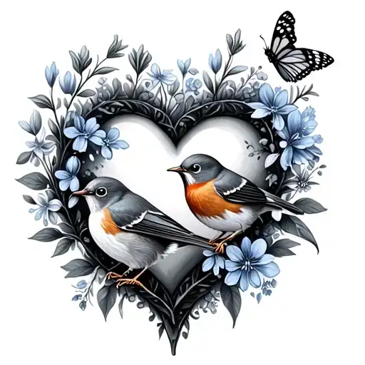 Heart With Bluebells And Flowers With Robin And Butterfly