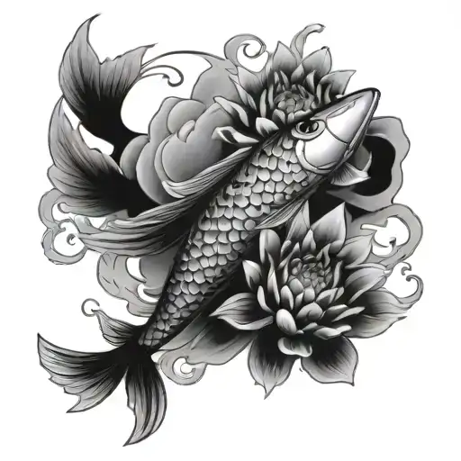 Koi Fish Mixed With Chrysanthemum And An Arabic Sword Behind