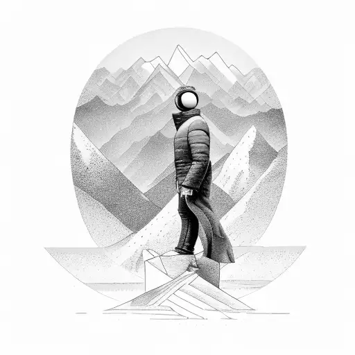 A Tattoo Of A Man Standing On Top Of A Mountain Staring At Celestial Space