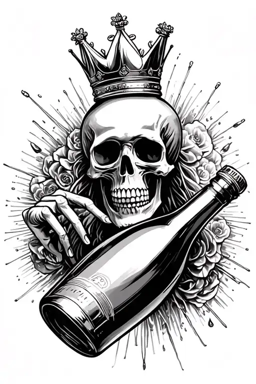 Skeleton With Crown Opening Up Champagne Bottle And Spraying It
