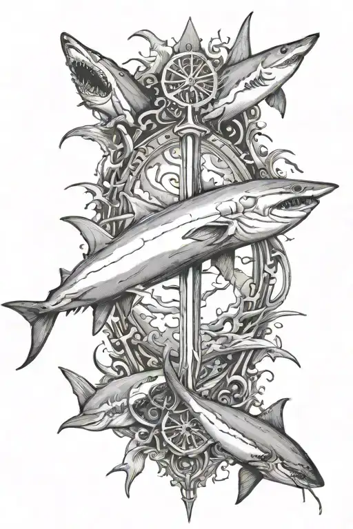 A Silver Trident In The Ocean With Sharks Swimming Above It