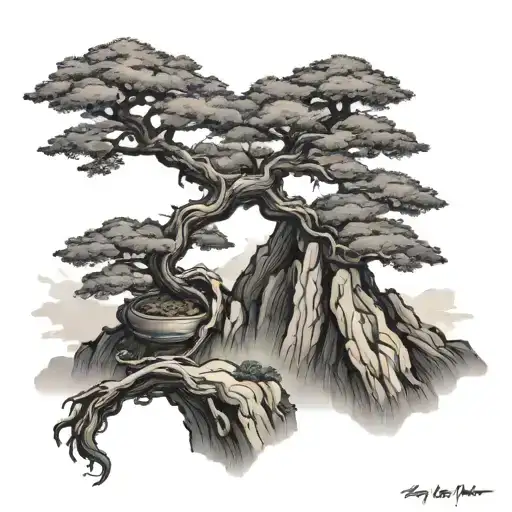 Bonsai Tree On Mountain With Rivier Going Down