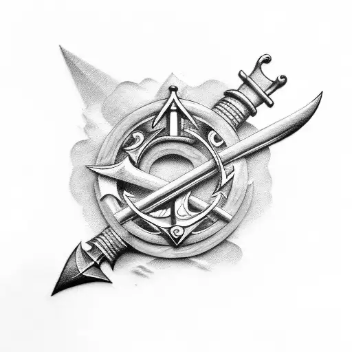A Futuristic Influenced Tattoo Incorporating Only A Sword And An Anchor With Hints Of Navy Blue