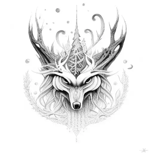 A Black-grey Tattoo Of A Mystical Forest With Esoteric Symbols Hidden Within