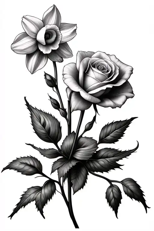 Daffodil Flower Rose And Poppy With Stems Tied Together