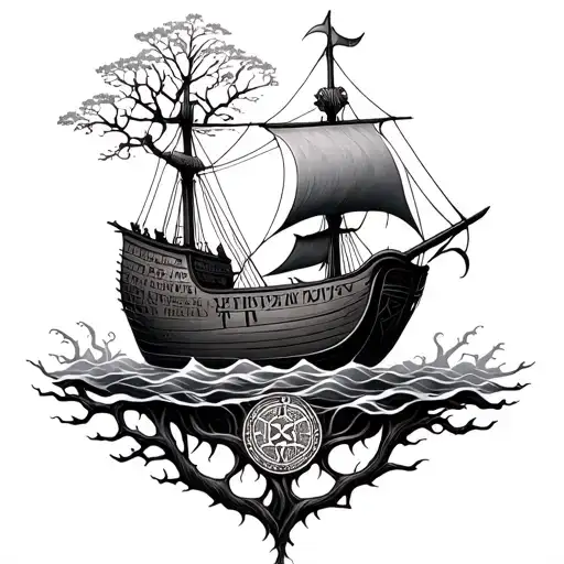 Tree Of Life With Runic Compas And Viking Ship