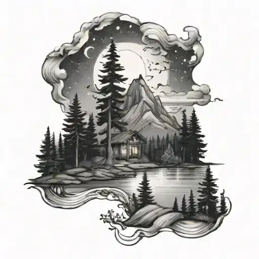 Mountains Lake Trees Moon Fireflies