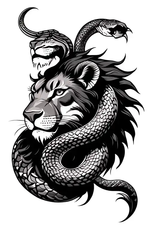 Lion And Snake Combination Tribal Tattoo Black And White