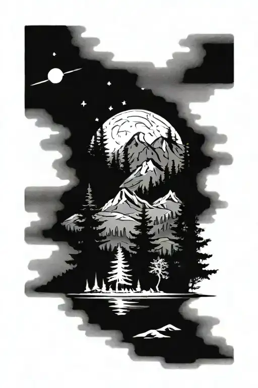 Forest Scene With Mountains And Night Sky Filled
