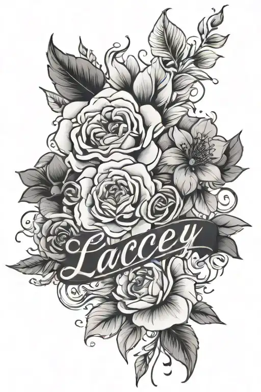 Black And White Flowers With The Name Lacey In Cursive In The Middle