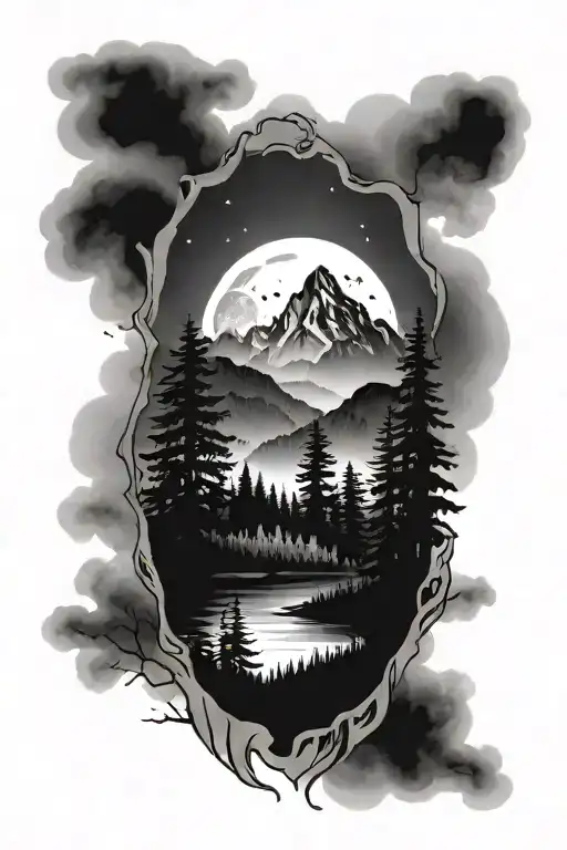 Forest Scene With Mountains And Night Sky