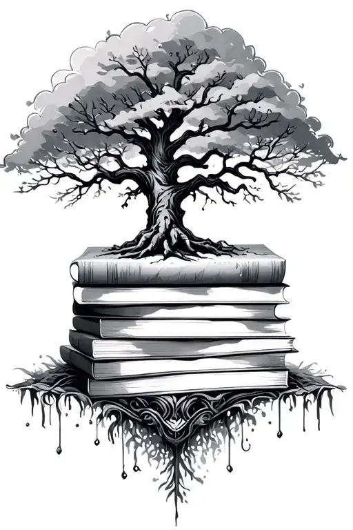 Stacked Books With Tree Intertwined