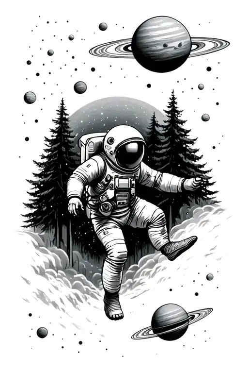 Astronaut Falling Down To A Forest With Planets Above Him