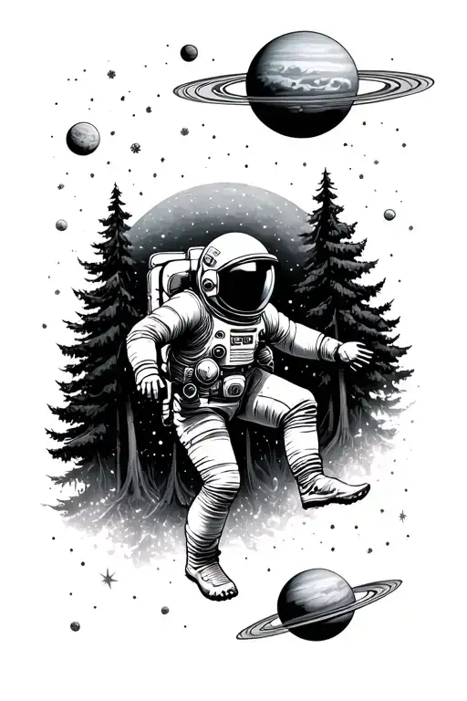 Astronaut Falling Down To A Forest With Planets Above Him