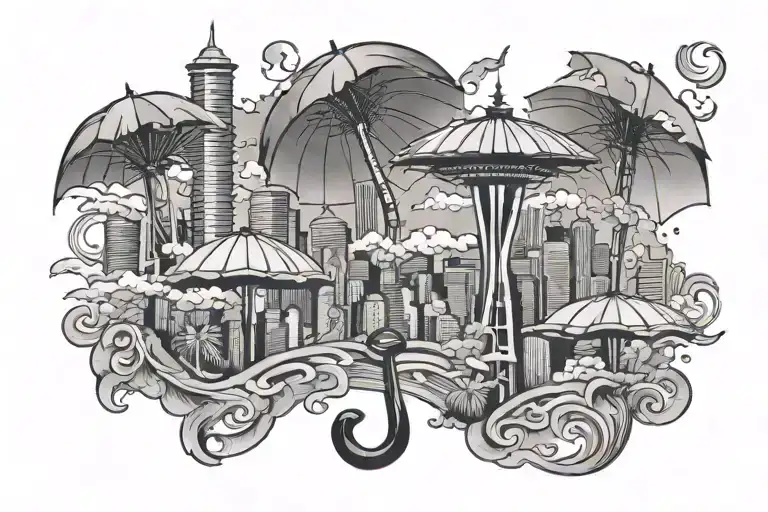 Seattle Skyline With Umbrella Made Of A Water