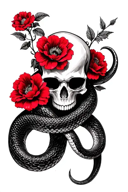 Snake And Red Flowers With A Skull