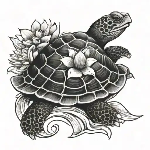Japanese Turtle With Lotus Flower Blooming And Wave