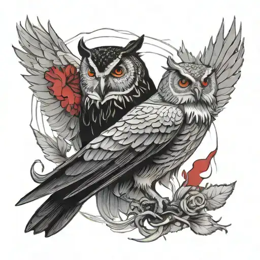 Owl And Raven With Red Eyes