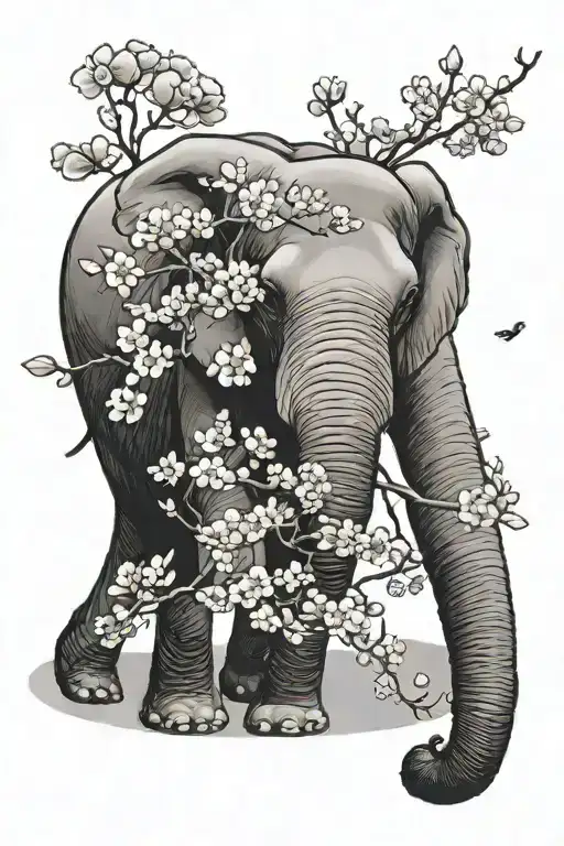 One Elephant With A Cherry Blossom Tree In The Background