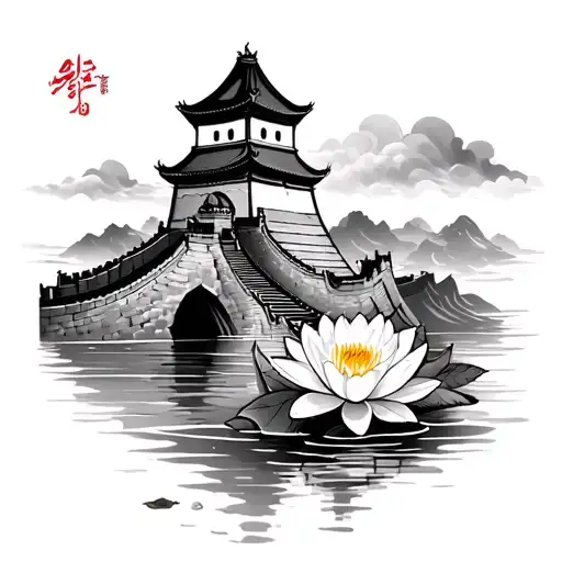 China Great Wall With Portuguese Belem Tower And Macanese Water Lily