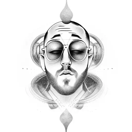 A Black And Grey Tattoo Of Mac Miller's Face Surrounded By Soundwaves