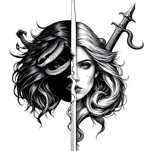 Female Face Crom Front Cut In Half And Other Side A Wing With Snake And Sword