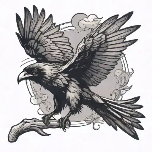 Raven Flying Carrying A Stick