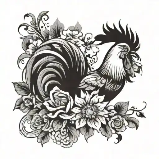 Flowers Around A Rooster