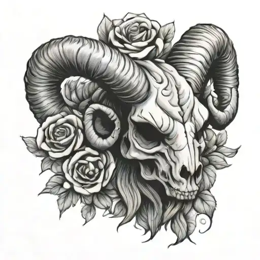 Aries Ram With Flowers Skull