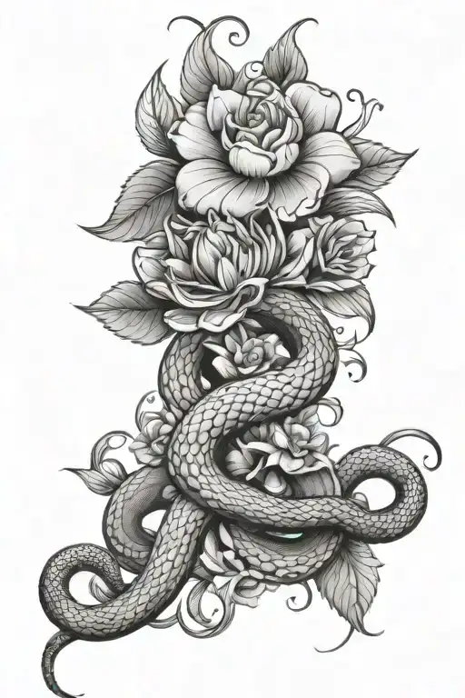 Big Flowers And Small Snake Intertwined Within