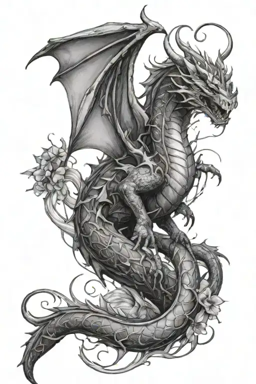 Fantasy Dragon With Violets And Lightning Striking Blackwork