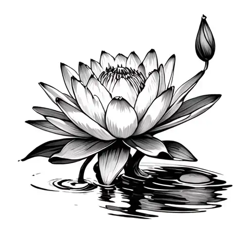 Water Lily Flower Large Growing From Water Fine Line