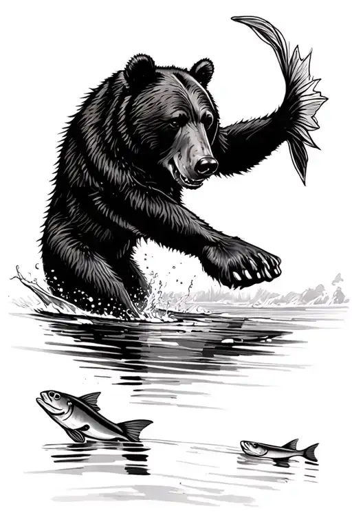 Bear Catching Fish Swimming Upstream