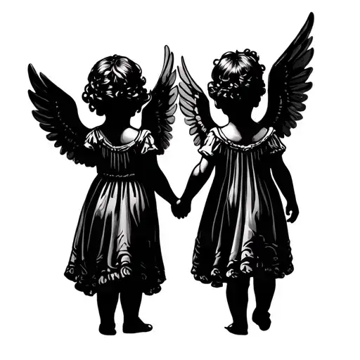 Two Baby Angels Backs Turned Walking Away Holding Hands