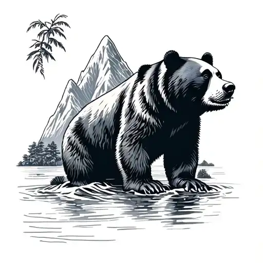 Borneo Sun Bear And Mountain Outline Fine Line