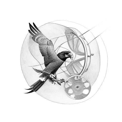 A Black And Grey Tattoo Of A Film Reel Intertwined With A Falcon In Flight
