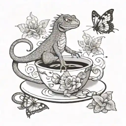 Lizard And Butterfly Having Coffee Cup Surrounded