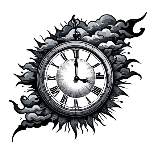 Time Tattoo With Clouds And Arrays Of Sun Rays
