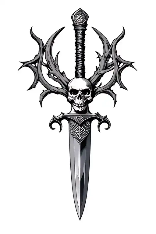 Sharp Long Dagger With Runes Shaded Skull Head