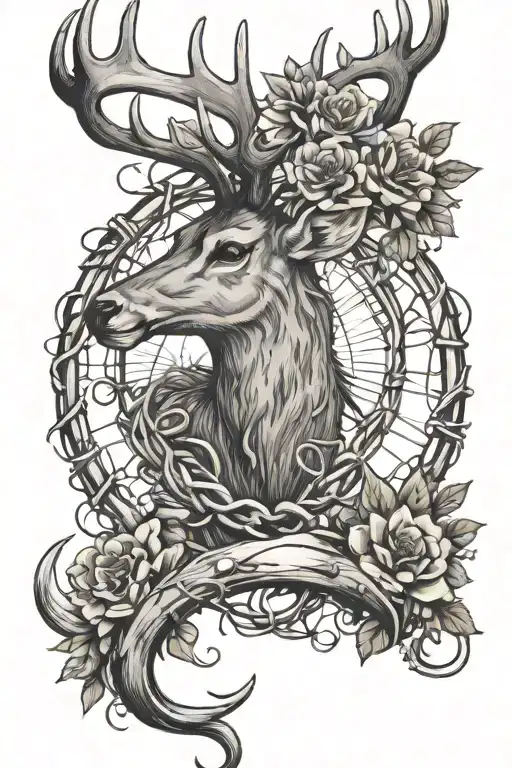 Deer Antler Intertwined With Flowers And Barbed Wire