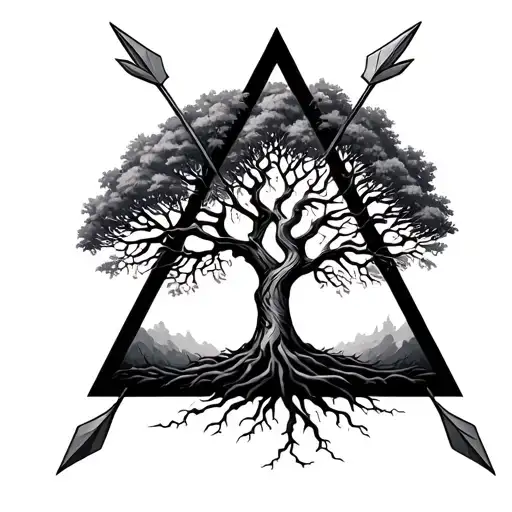 Tree Of Life Inside An Open Triangle With Another Arrow On Top